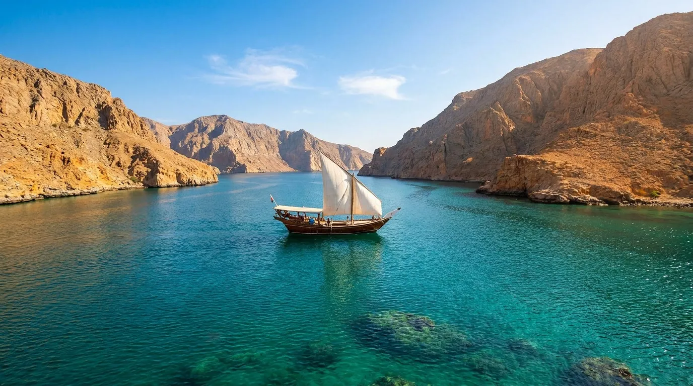Un dhow traditionnel navigue sur les eaux turquoise des fjords de Musandam à Oman, entouré de falaises rocheuses.