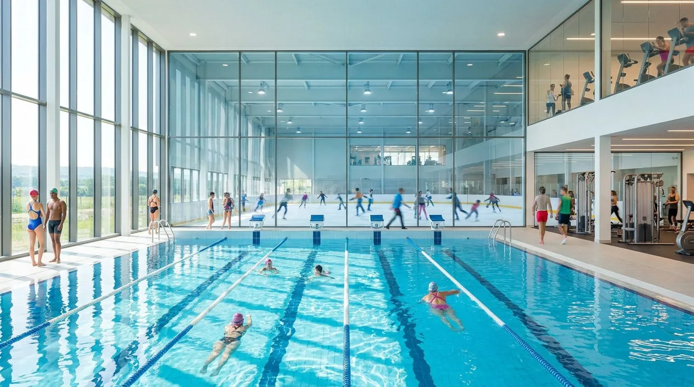 Piscine intérieure avec vue sur une patinoire et salle de sport au centre aquatique Plaine Oxygène.