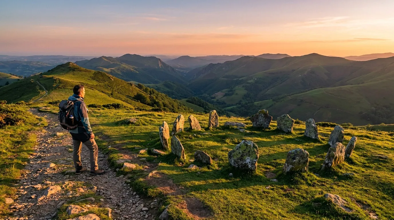 Un randonneur contemple un cercle de pierres au sommet du mont Baigura au Pays basque lors d'un coucher de soleil.