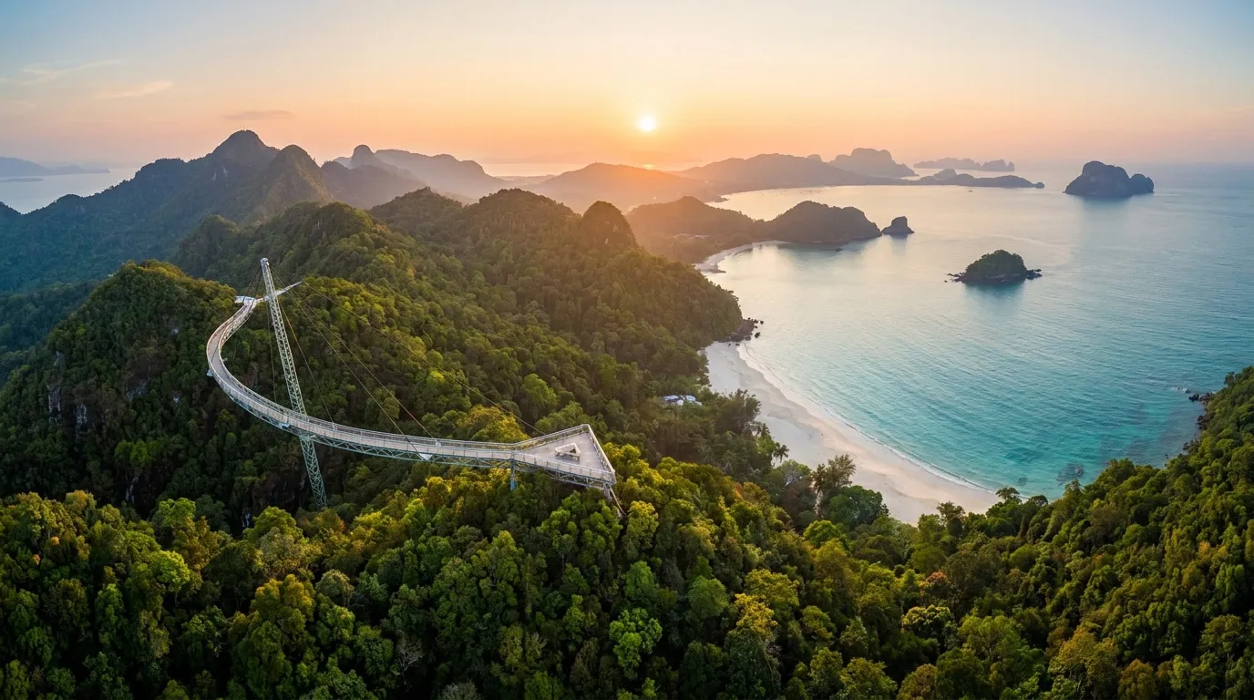 Pont suspendu incurvé au-dessus de la jungle luxuriante de Langkawi avec vue sur la mer au coucher du soleil.
