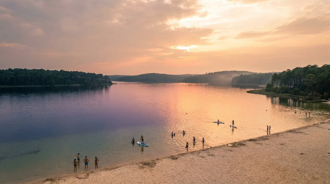 Vue aérienne du lac de Sanguinet au coucher du soleil avec des personnes se baignant et faisant du paddle.