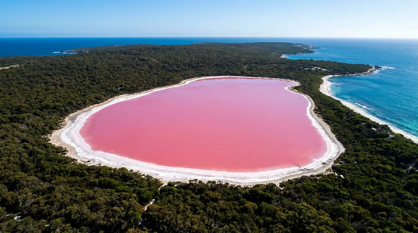 Vue aérienne du lac Hillier, un lac rose vif entouré de forêts denses et bordé par l'océan Indien en Australie.