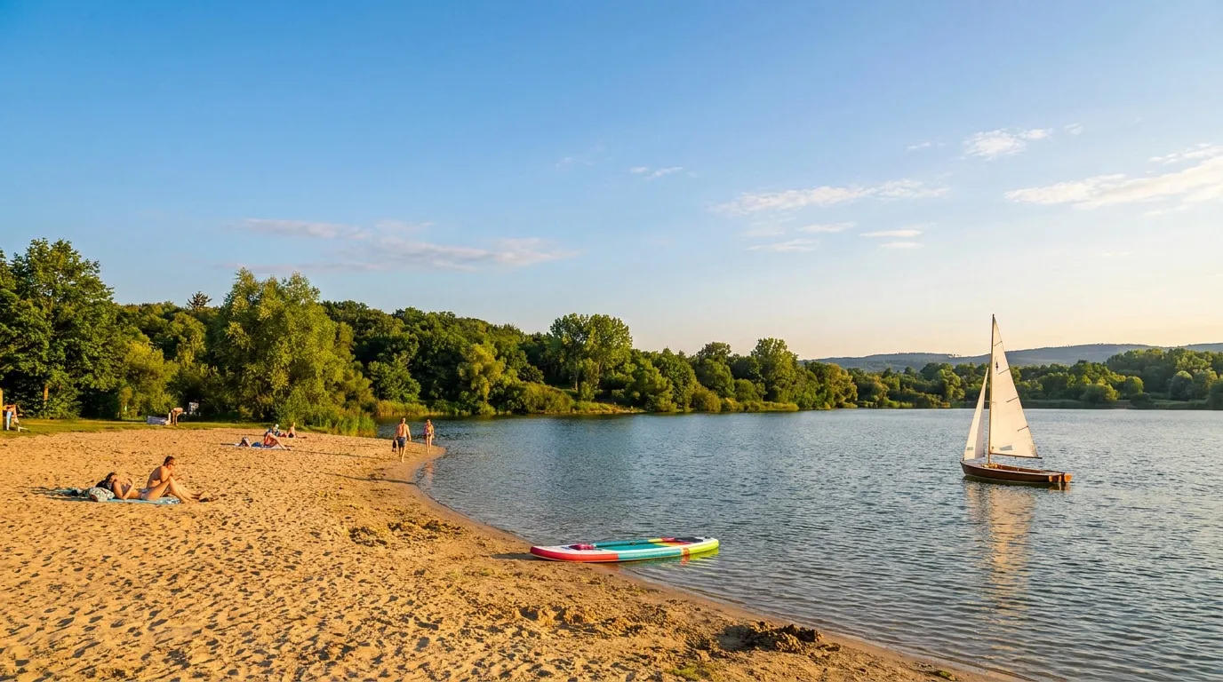 Plage ensoleillée et plan d'eau à l'île de loisirs du Val de Seine avec voilier et paddle.