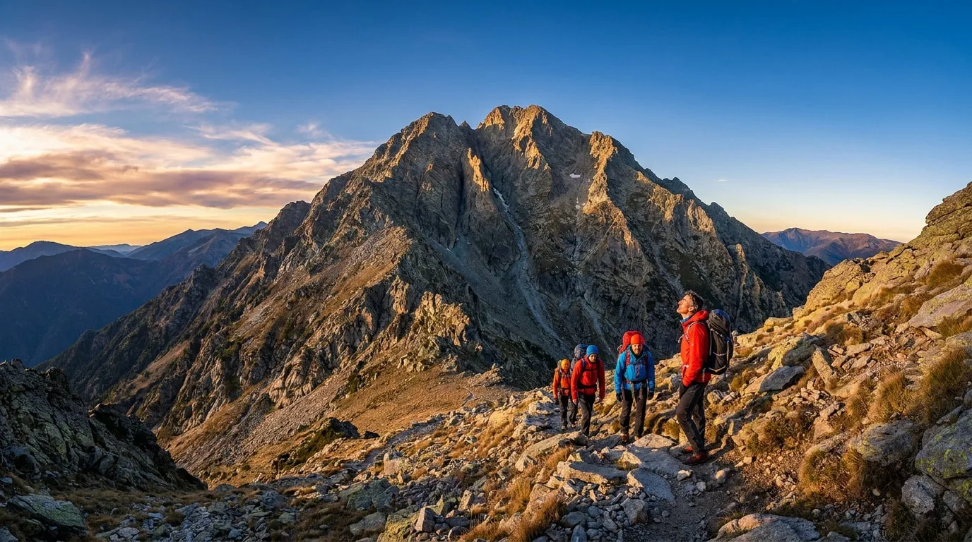 Groupe de randonneurs admirant le massif du Canigou au lever du soleil sur un sentier escarpé.