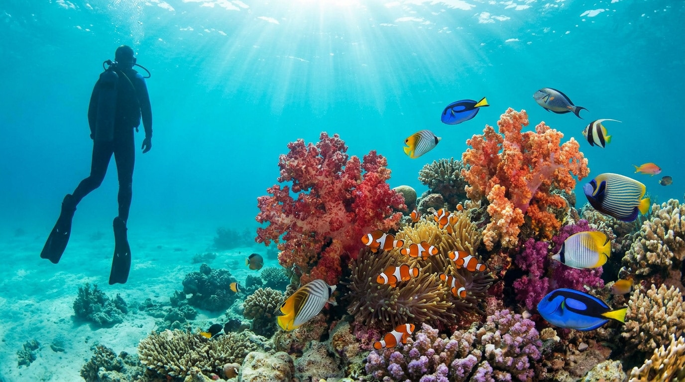 Un plongeur observe un récif corallien vibrant avec de nombreux poissons tropicaux colorés dans une eau turquoise.