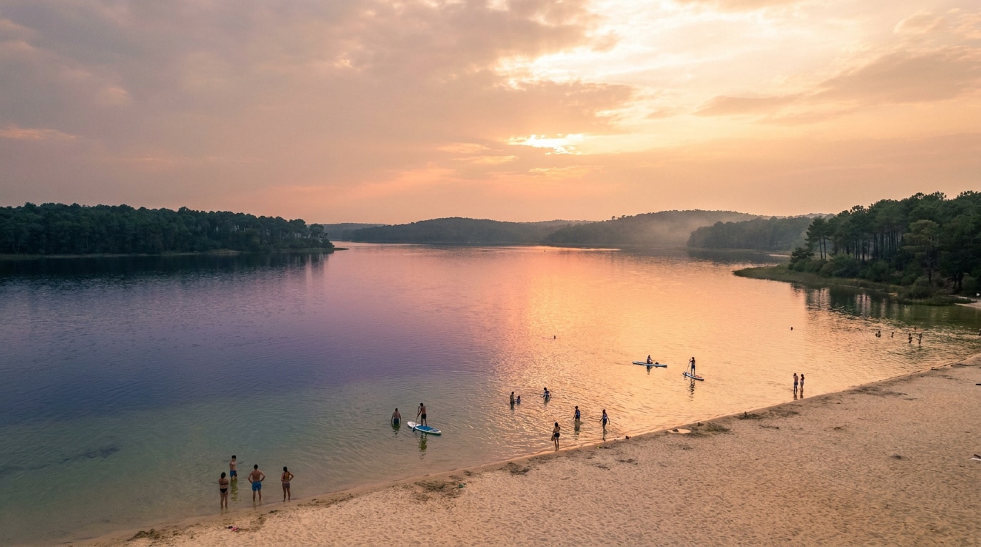 Vue aérienne du lac de Sanguinet au coucher du soleil avec des personnes se baignant et faisant du paddle.