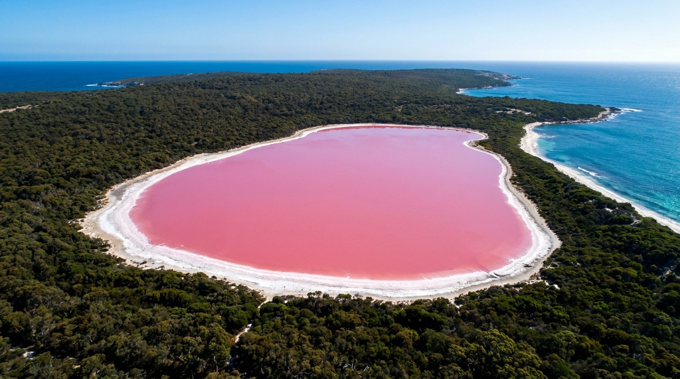 Vue aérienne du lac Hillier, un lac rose vif entouré de forêts denses et bordé par l'océan Indien en Australie.