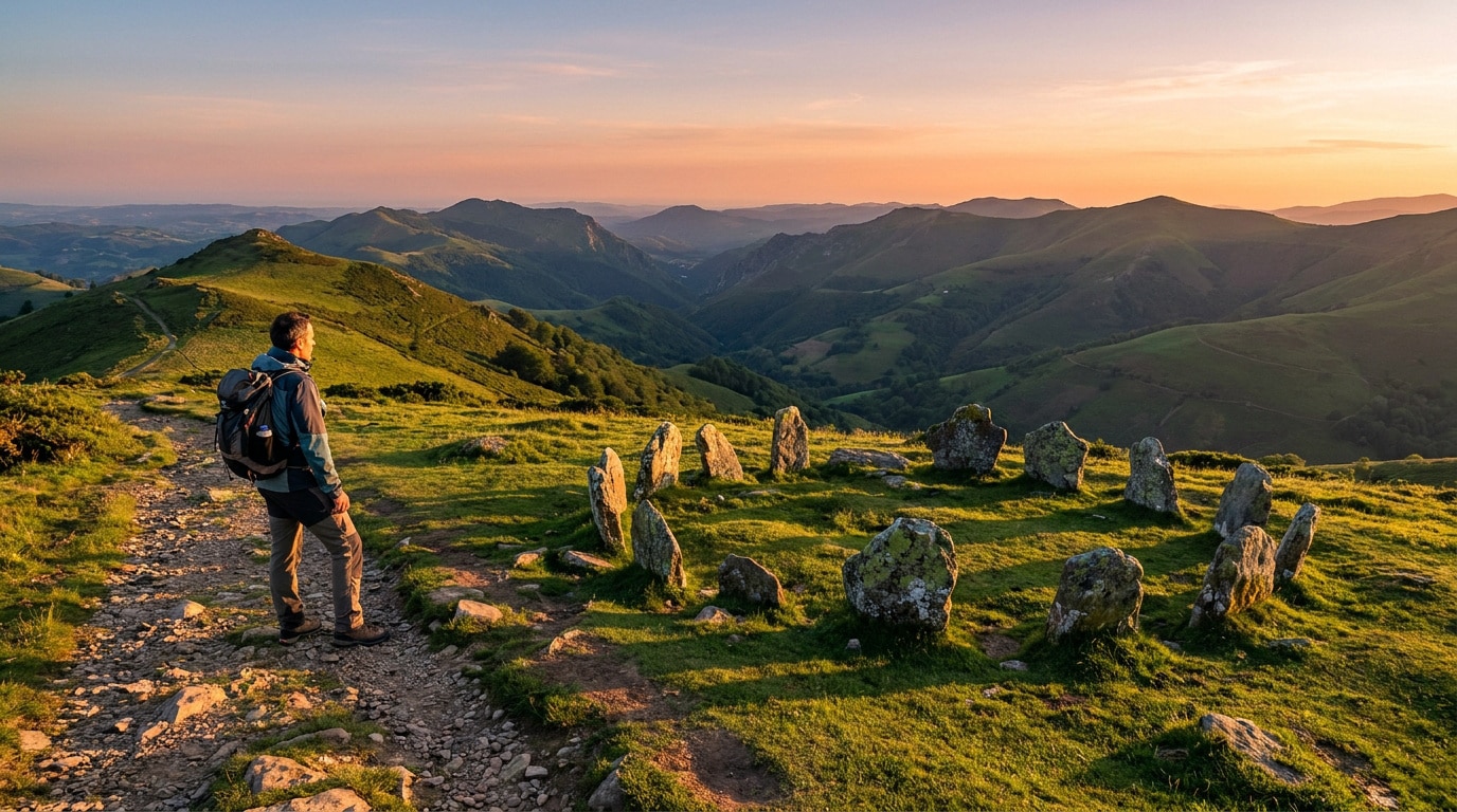 Un randonneur contemple un cercle de pierres au sommet du mont Baigura au Pays basque lors d'un coucher de soleil.