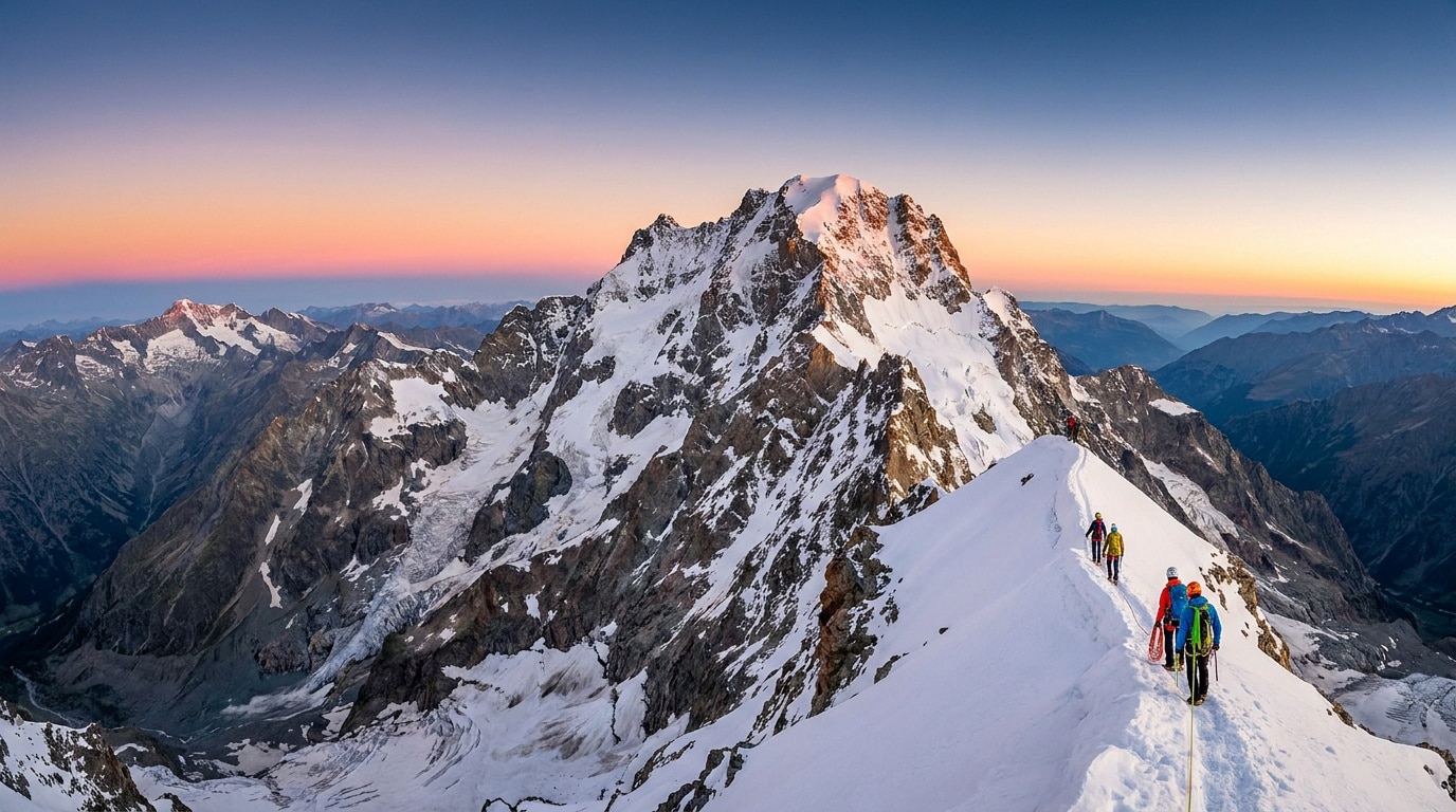 Une cordée de quatre alpinistes progresse sur une crête enneigée face à la Barre des Écrins au lever du jour.