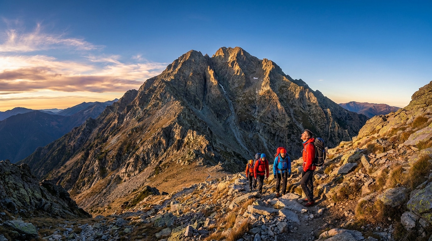 Groupe de randonneurs admirant le massif du Canigou au lever du soleil sur un sentier escarpé.