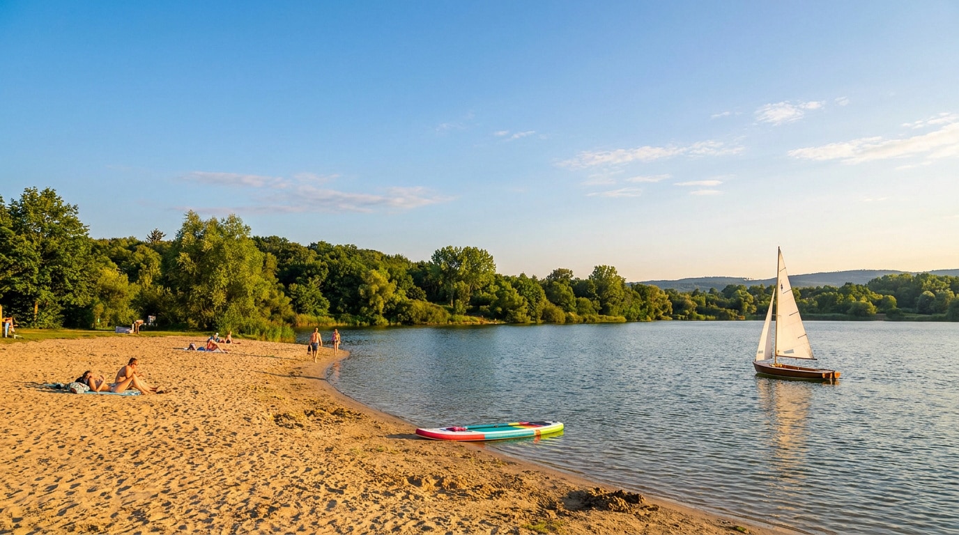 Plage ensoleillée et plan d'eau à l'île de loisirs du Val de Seine avec voilier et paddle.