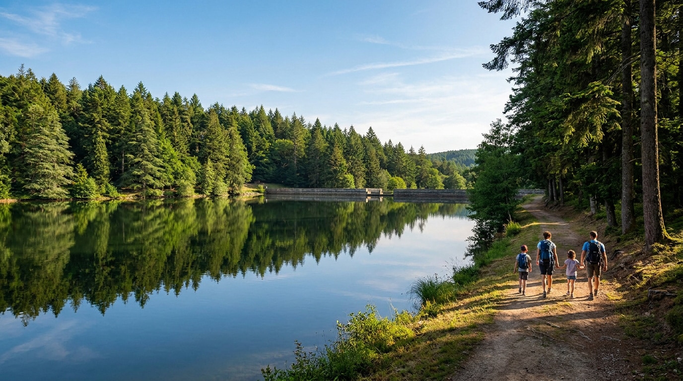 Une famille marche sur un sentier en forêt au bord du lac du barrage du Ternay sous un beau ciel ensoleillé.