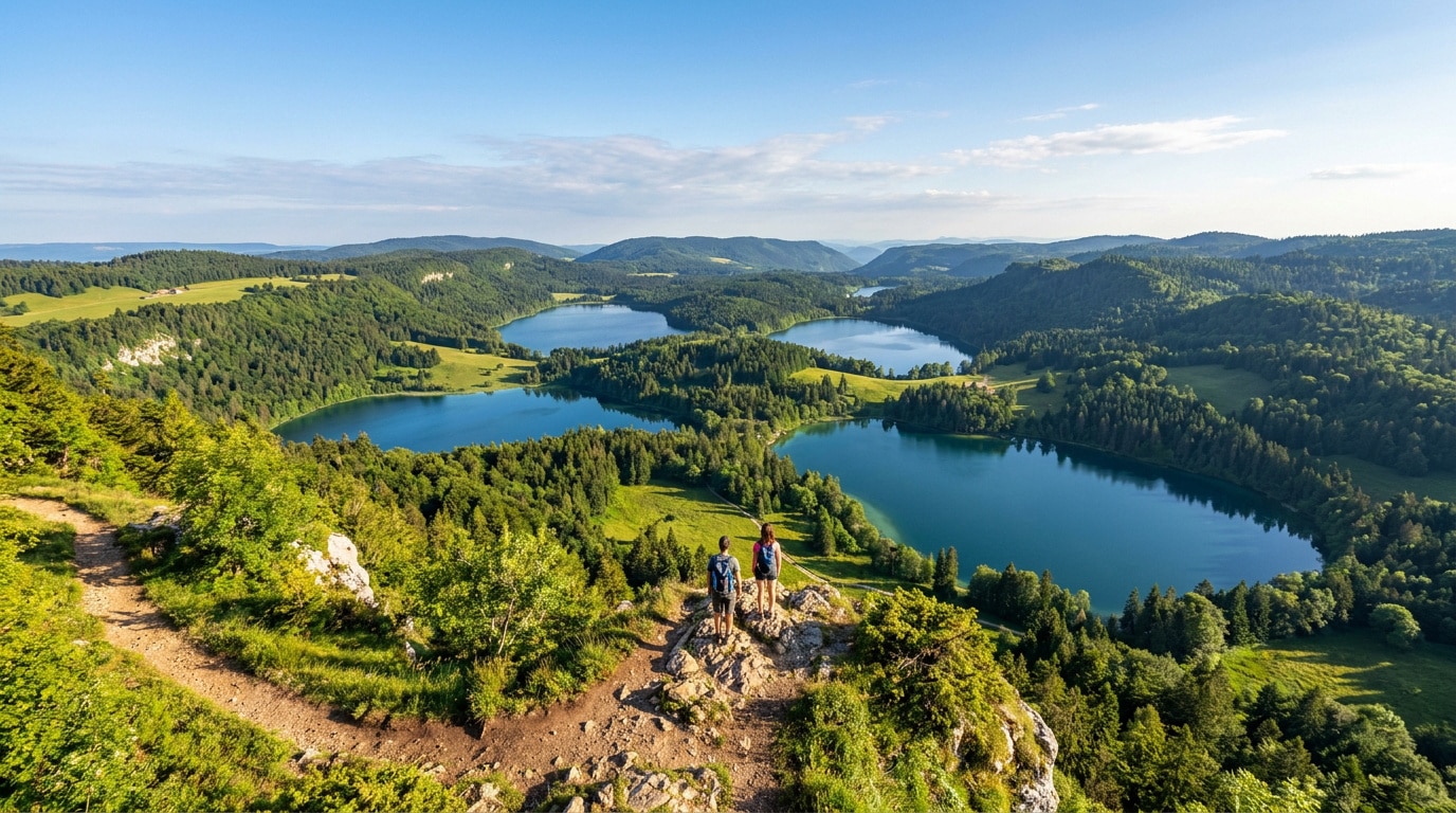 Randonneurs admirant la vue panoramique sur les quatre lacs entourés de forêts depuis un belvédère dans le Jura.