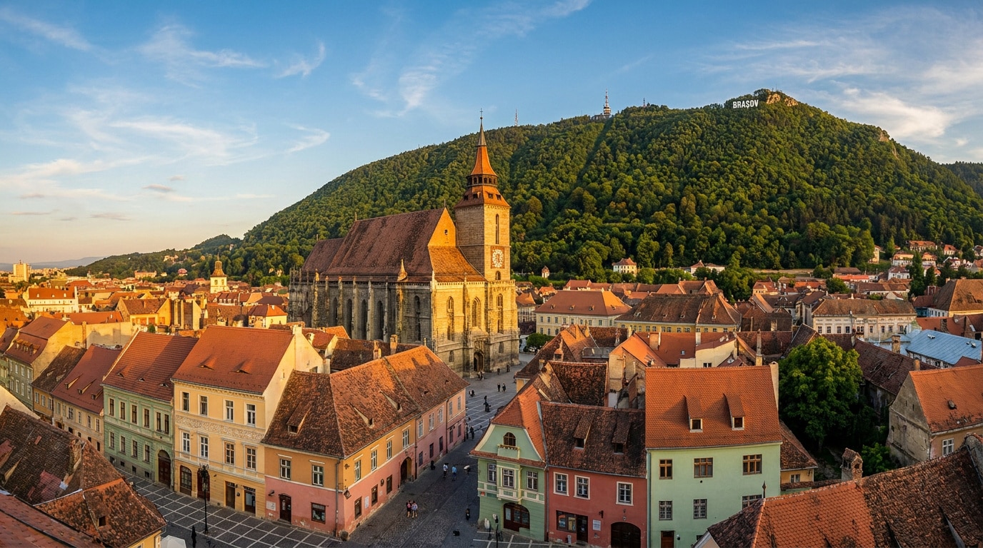 Vue panoramique de la ville médiévale de Brașov avec l'Église Noire illuminée par le soleil couchant au pied de la colline.