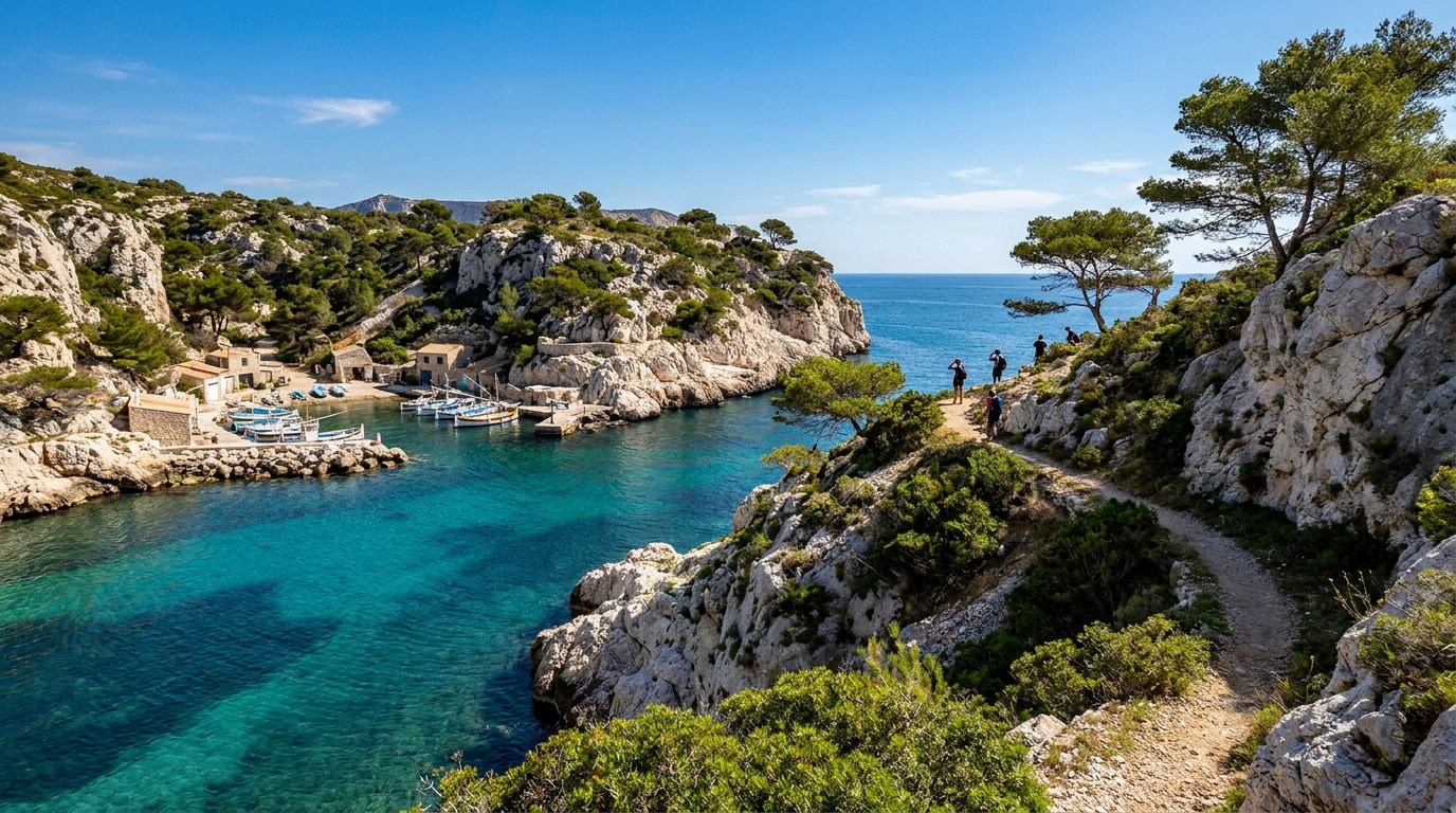 Randonneurs sur un sentier surplombant l'eau turquoise et le petit port de la calanque de Niolon sous un ciel bleu.
