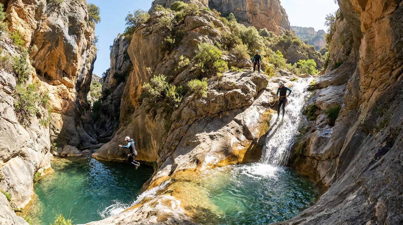 Personnes en combinaison pratiquant le canyoning et sautant dans une vasque d'eau turquoise en Sierra de Guara.