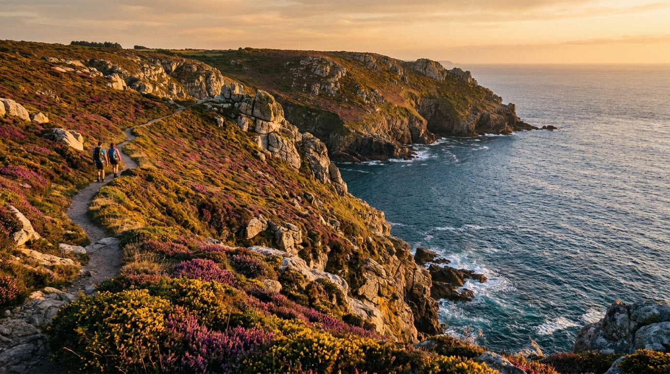 Deux randonneurs marchent sur un sentier côtier fleuri bordant les falaises du Cap de la Chèvre au coucher du soleil.