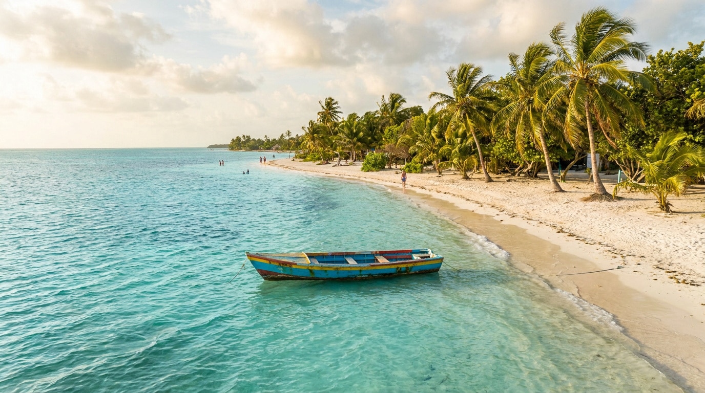 Un bateau coloré flotte sur les eaux turquoise d'une plage paradisiaque bordée de palmiers à Caye Caulker, Belize.