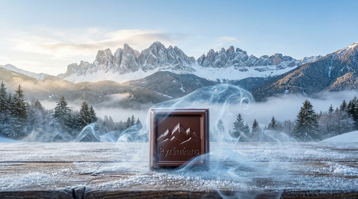 Un carré de chocolat Pyrénéens posé sur une table en bois enneigée devant des montagnes majestueuses et de la brume.