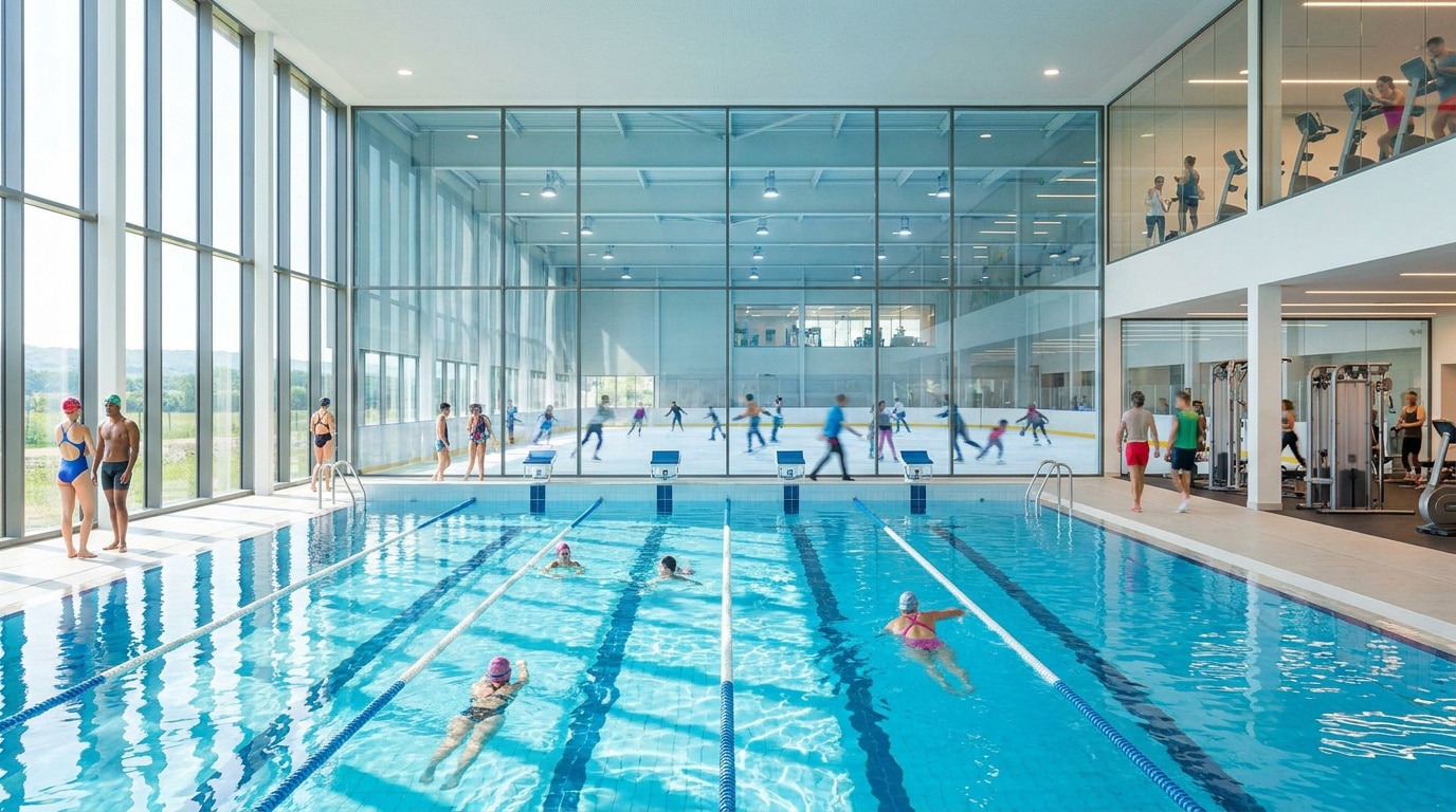 Piscine intérieure avec vue sur une patinoire et salle de sport au centre aquatique Plaine Oxygène.