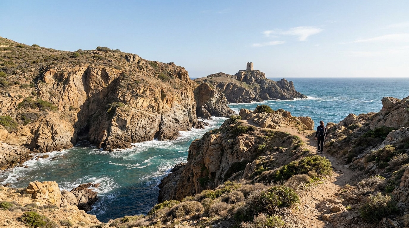 Une randonneuse marche sur un sentier côtier escarpé menant vers une ancienne tour au bord de la Méditerranée.