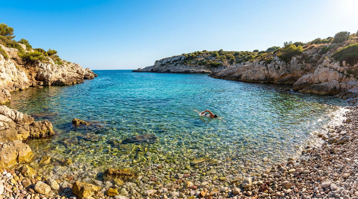 Une personne nage dans une crique aux eaux turquoise entourée de falaises rocheuses et d'une plage de galets.