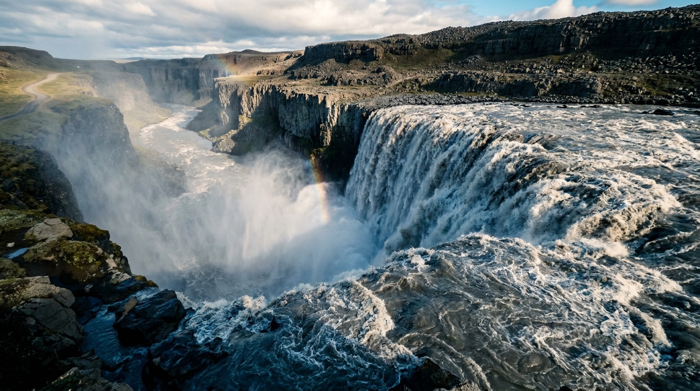 Vue panoramique de la cascade Dettifoss en Islande avec un arc-en-ciel au-dessus des eaux tumultueuses.
