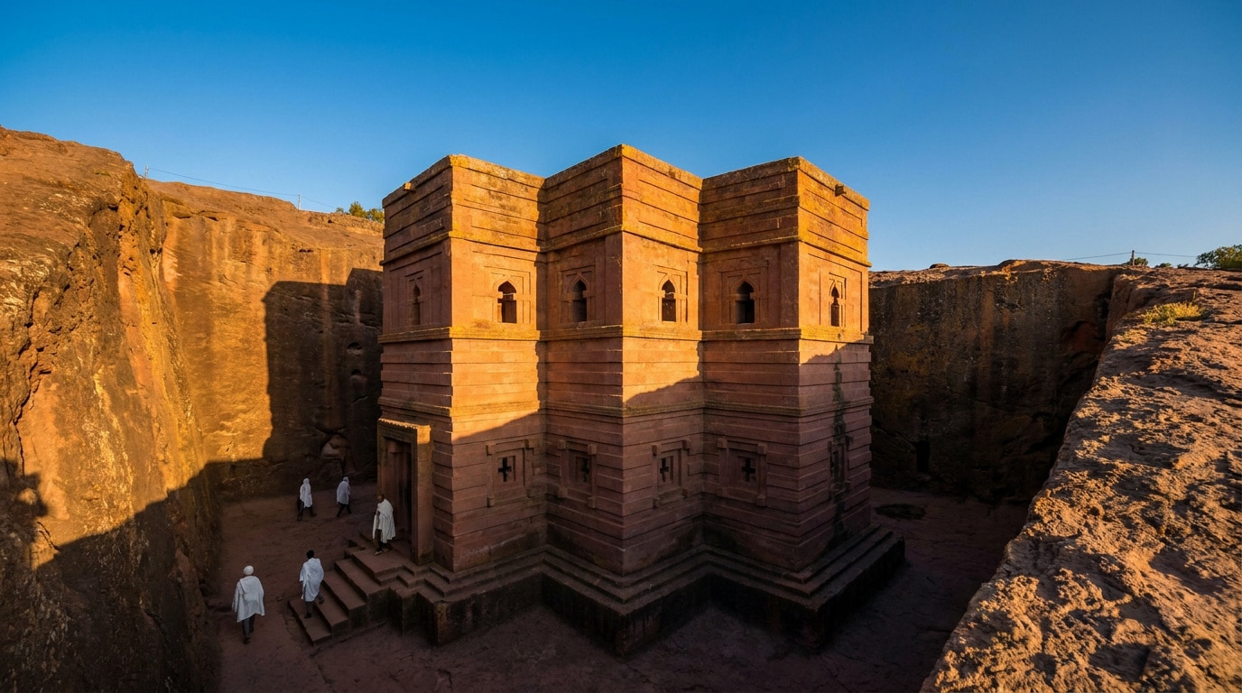 Église monolithique de Saint-Georges taillée dans la roche à Lalibela, Éthiopie, sous un ciel bleu.