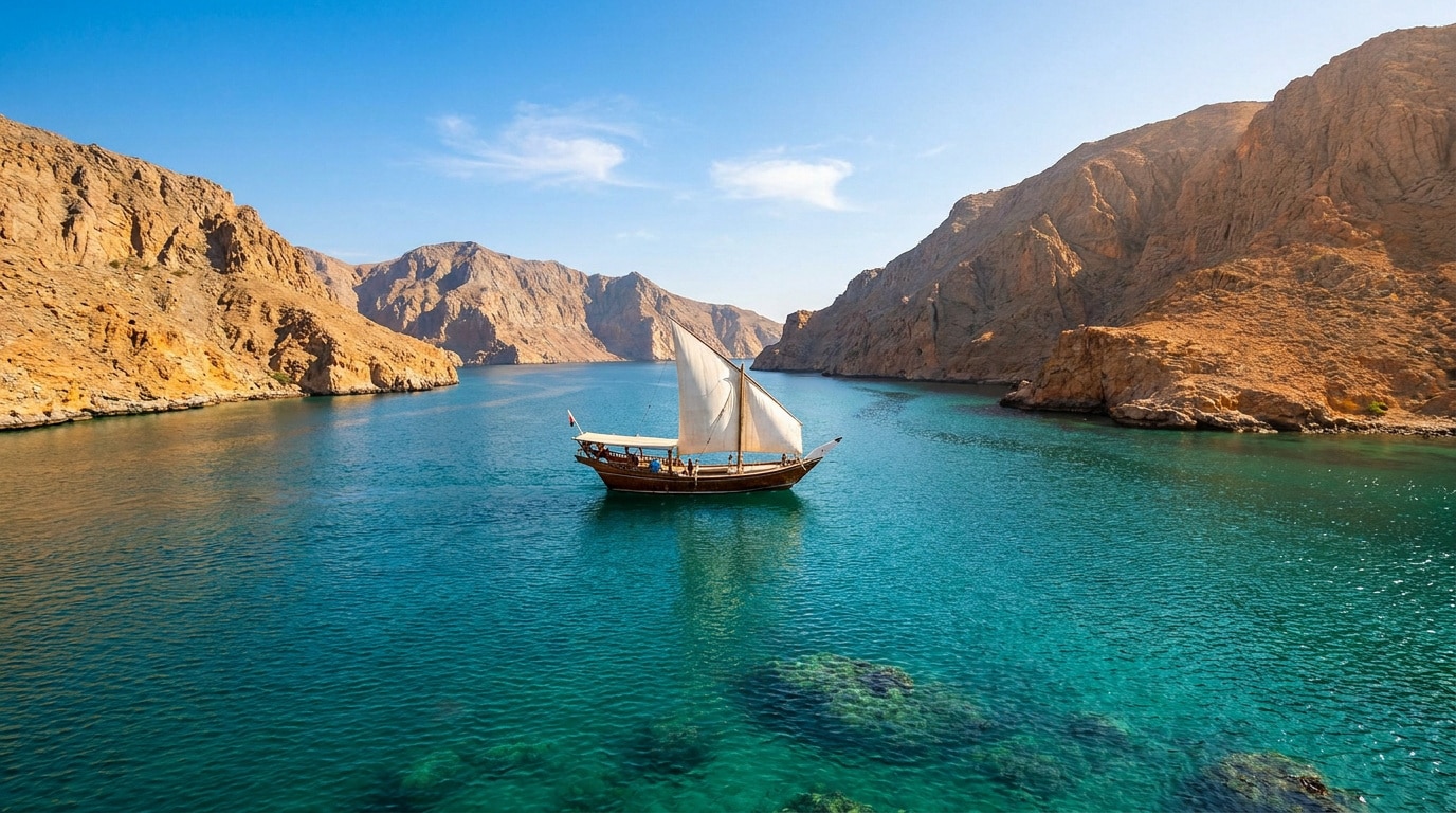 Un dhow traditionnel navigue sur les eaux turquoise des fjords de Musandam à Oman, entouré de falaises rocheuses.