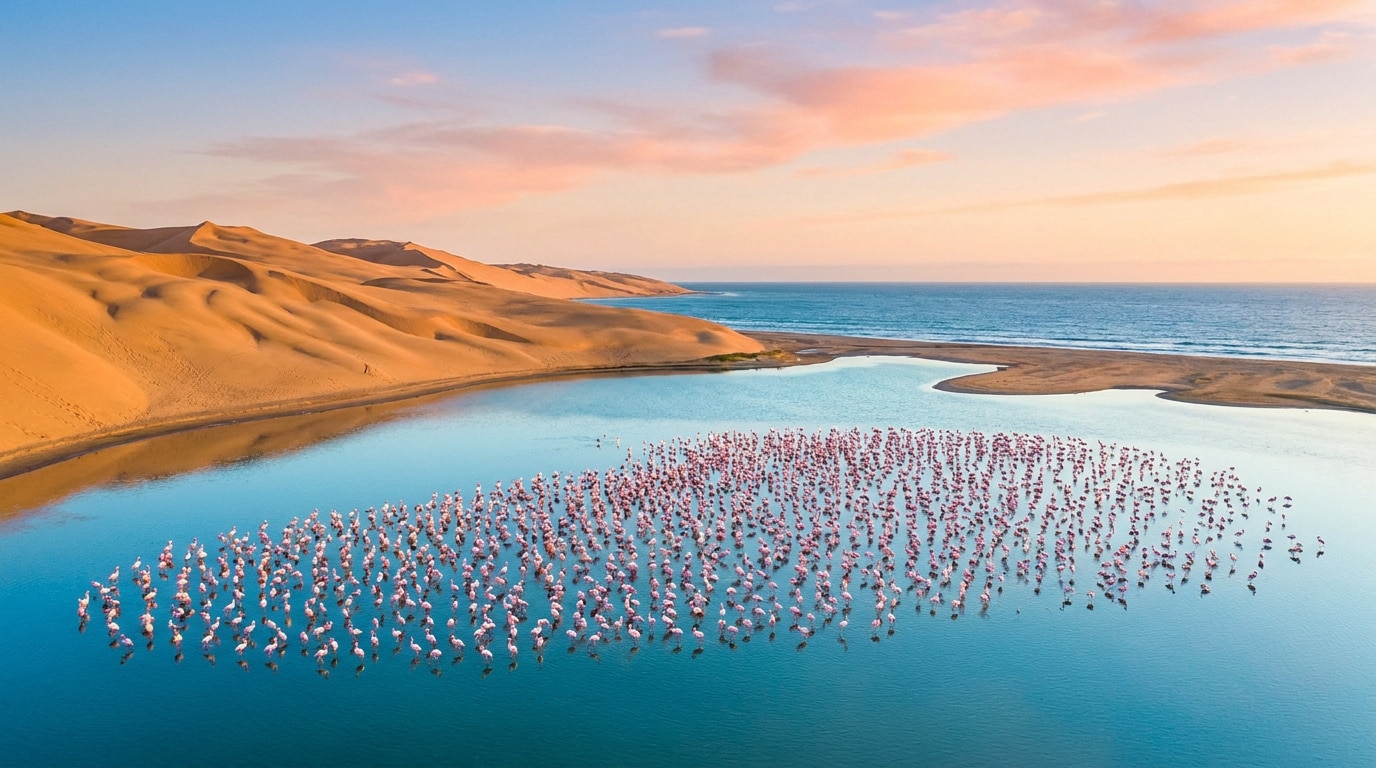Une grande colonie de flamants roses dans une lagune turquoise bordée par les dunes dorées du désert de Namibie.