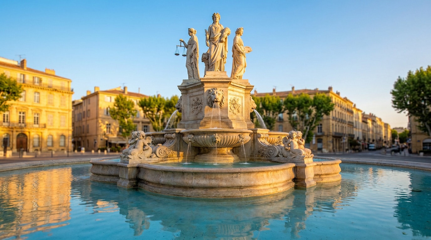 La fontaine historique de la Rotonde sous un ciel ensoleillé au cœur d'Aix-en-Provence.