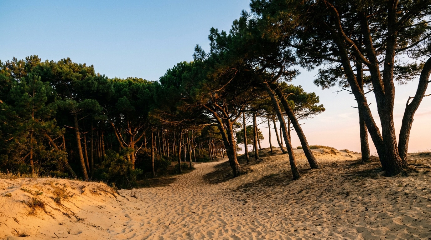 Un sentier de sable serpente à travers la forêt de pins à La Teste-de-Buch sous une douce lumière dorée.