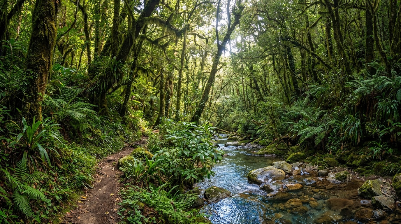 Chemin de randonnée longeant un ruisseau dans une forêt luxuriante et mystérieuse appelée la Gourgue d'Asque.