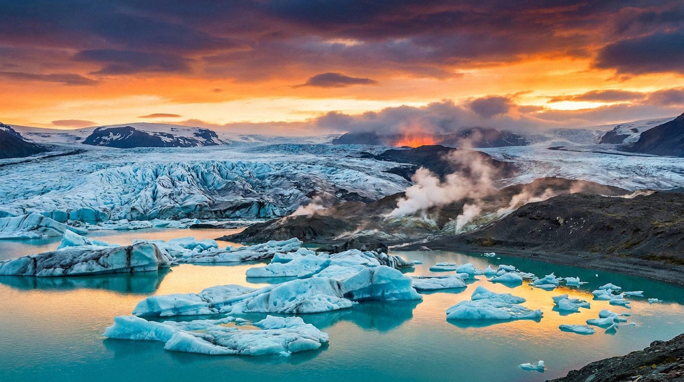 Icebergs flottant sur une lagune glaciaire devant un glacier islandais sous un coucher de soleil orange.