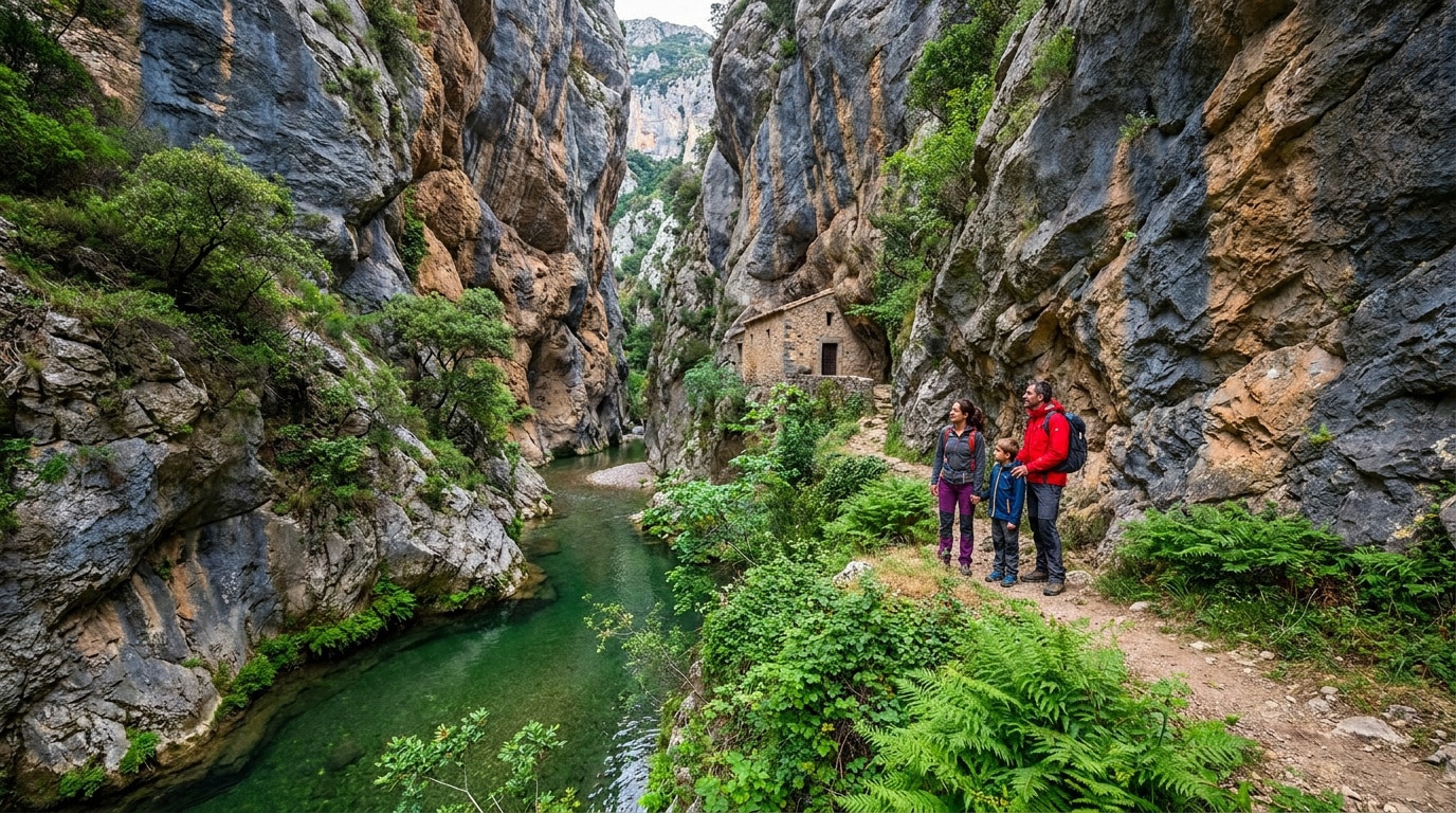 Famille en randonnée le long de la rivière dans les Gorges de Galamus avec l'ermitage en arrière-plan.