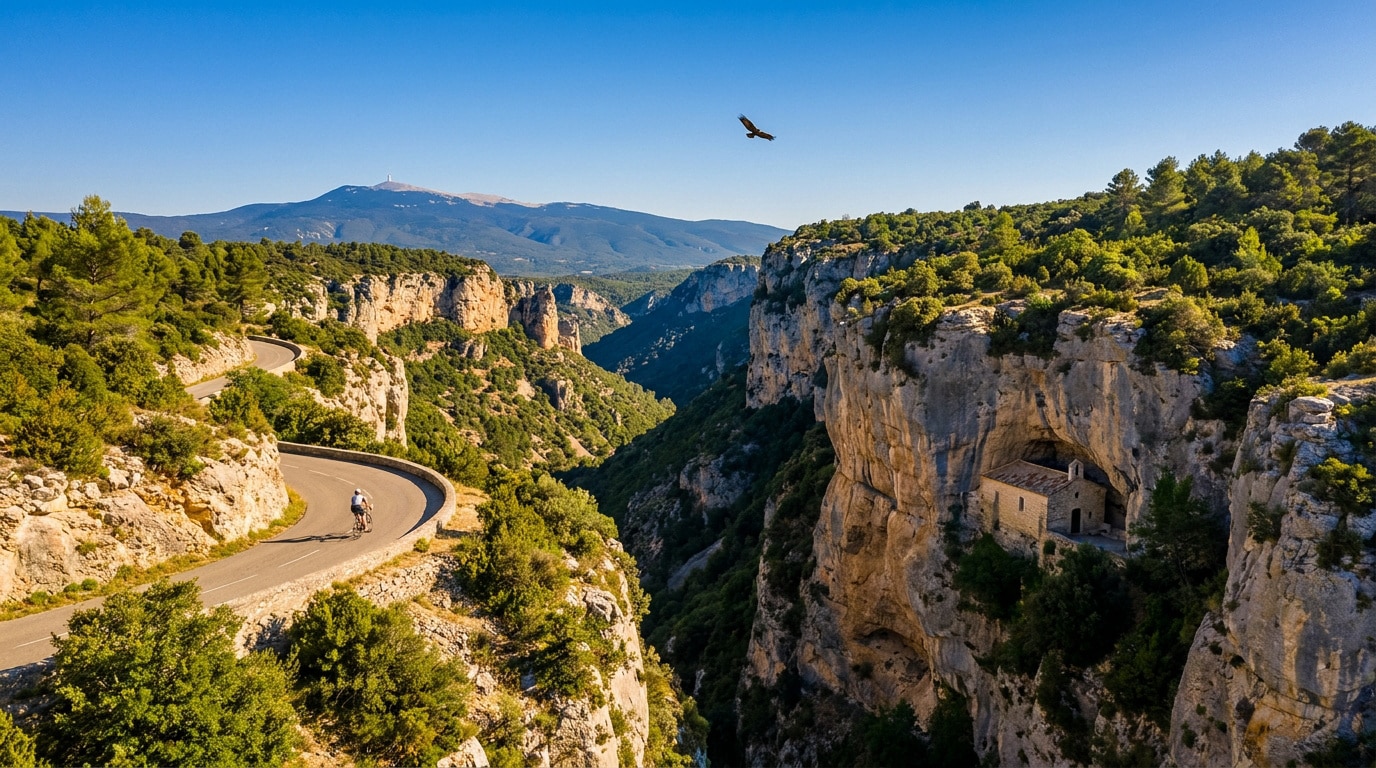 Vue panoramique des gorges de la Nesque avec une route sinueuse, un cycliste, une chapelle troglodyte et le mont Ventoux.