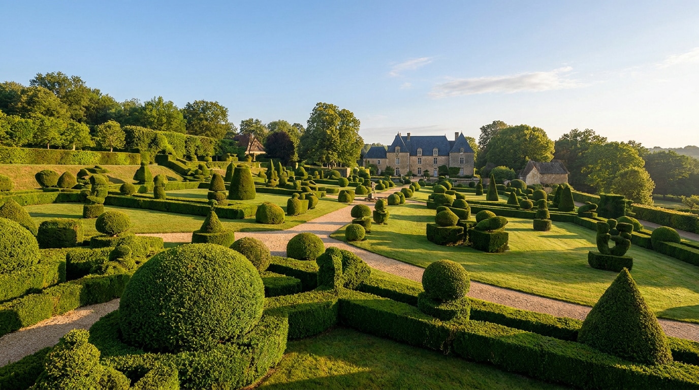 Vue panoramique des jardins à la française du manoir d'Eyrignac avec ses topiaires taillées sous un ciel bleu.