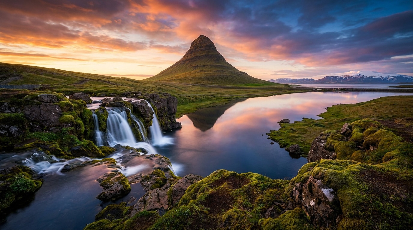 Cascade de Kirkjufellsfoss au premier plan avec la montagne Kirkjufell se reflétant dans le lac sous un ciel flamboyant.