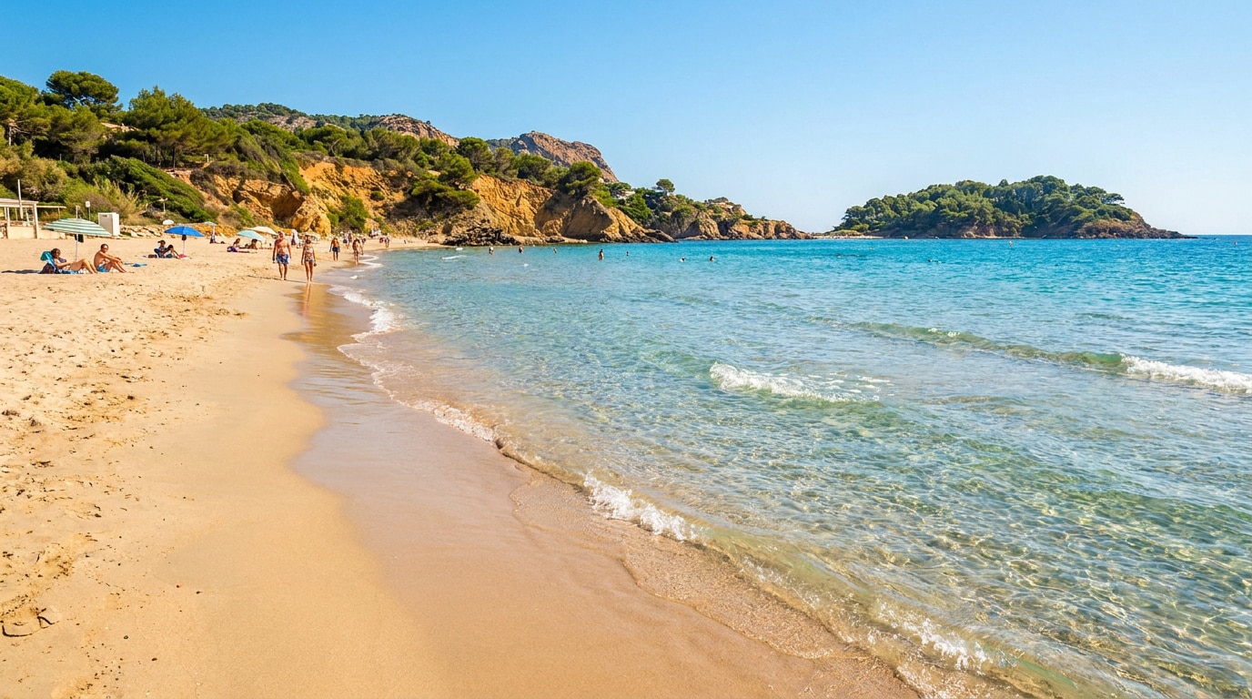 Vue panoramique de la plage de sable doré et des eaux turquoise à La Ciotat sous un ciel bleu dégagé.