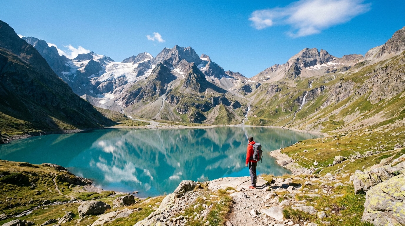 Randonneur avec un sac à dos face au lac de la Muzelle entouré de montagnes enneigées sous un ciel bleu.