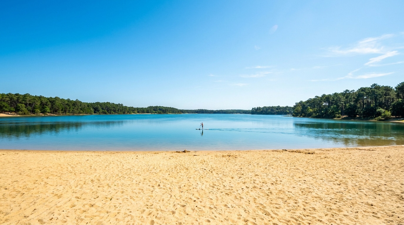 Une personne fait du paddle sur les eaux calmes du lac de Parentis-en-Born, bordé par une plage de sable et une forêt.