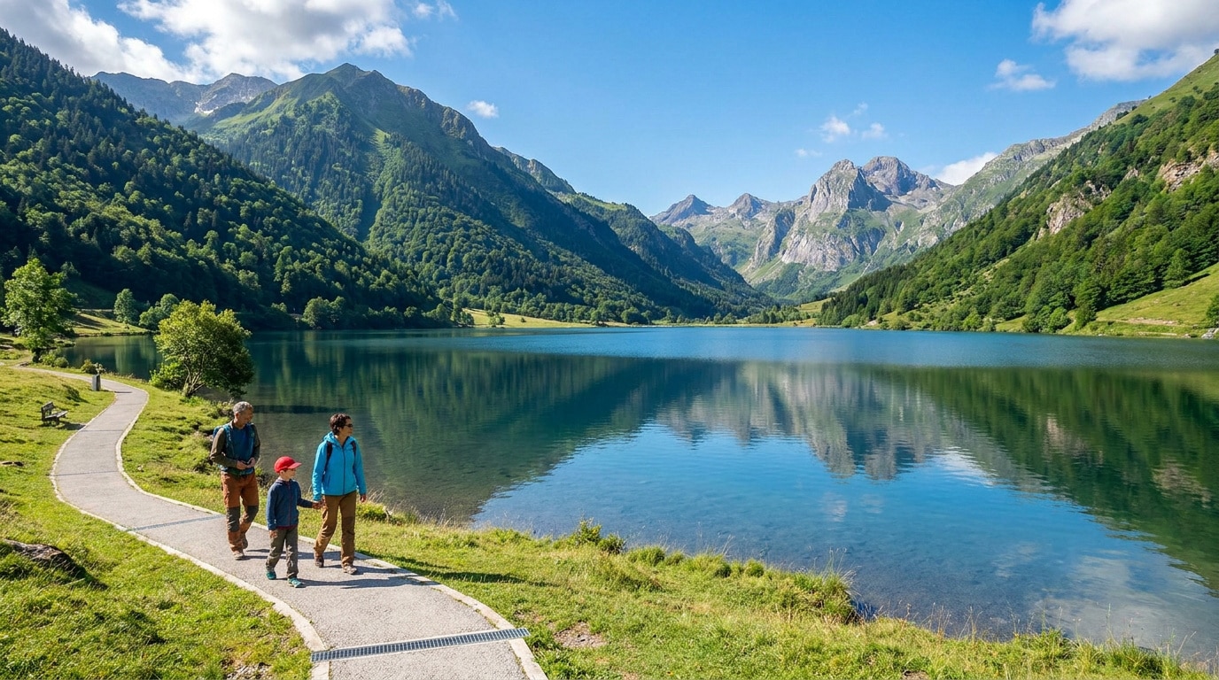 Famille marchant sur un sentier pavé au bord du lac d'Estaing, entouré de montagnes et de forêts sous un ciel bleu.