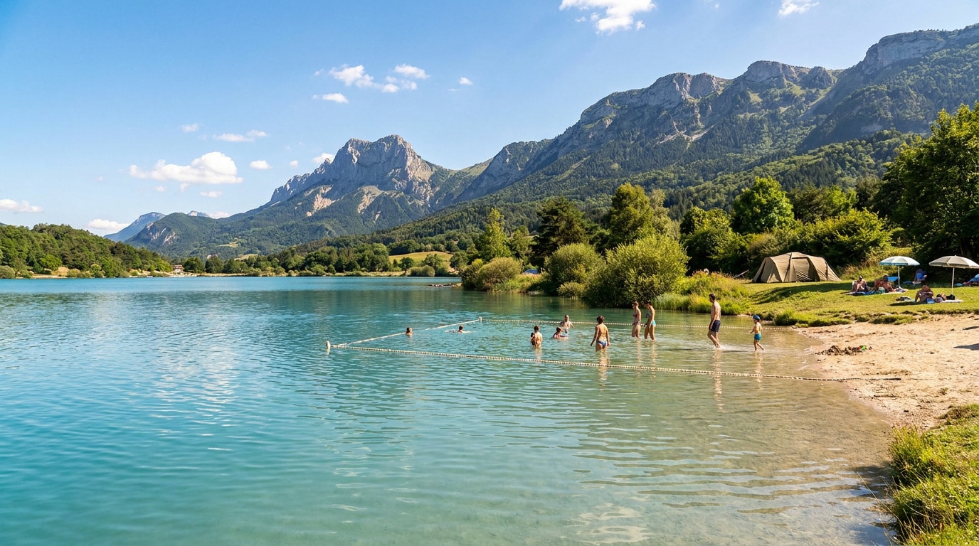 Baigneurs dans les eaux turquoise du lac Marandan avec les montagnes et une tente en arrière-plan sous un ciel bleu.