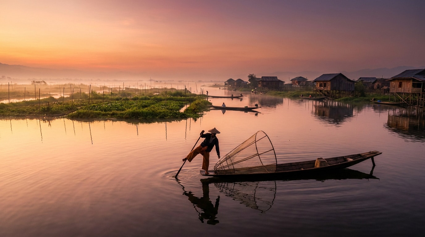 Un pêcheur en bateau traditionnel sur le lac Inle au lever du soleil avec des maisons sur pilotis en arrière-plan.
