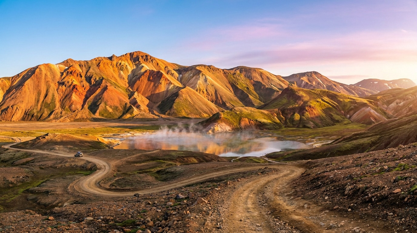 Montagnes colorées de rhyolite et sources chaudes fumantes dans un paysage islandais sous une lumière dorée.
