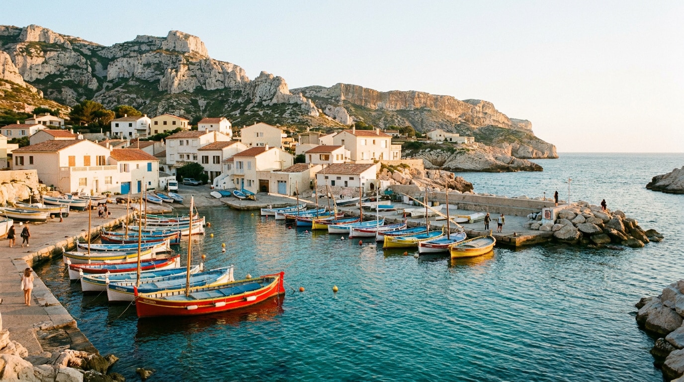 Vue pittoresque du petit port de pêche des Goudes à Marseille avec ses pointus colorés au pied des falaises.