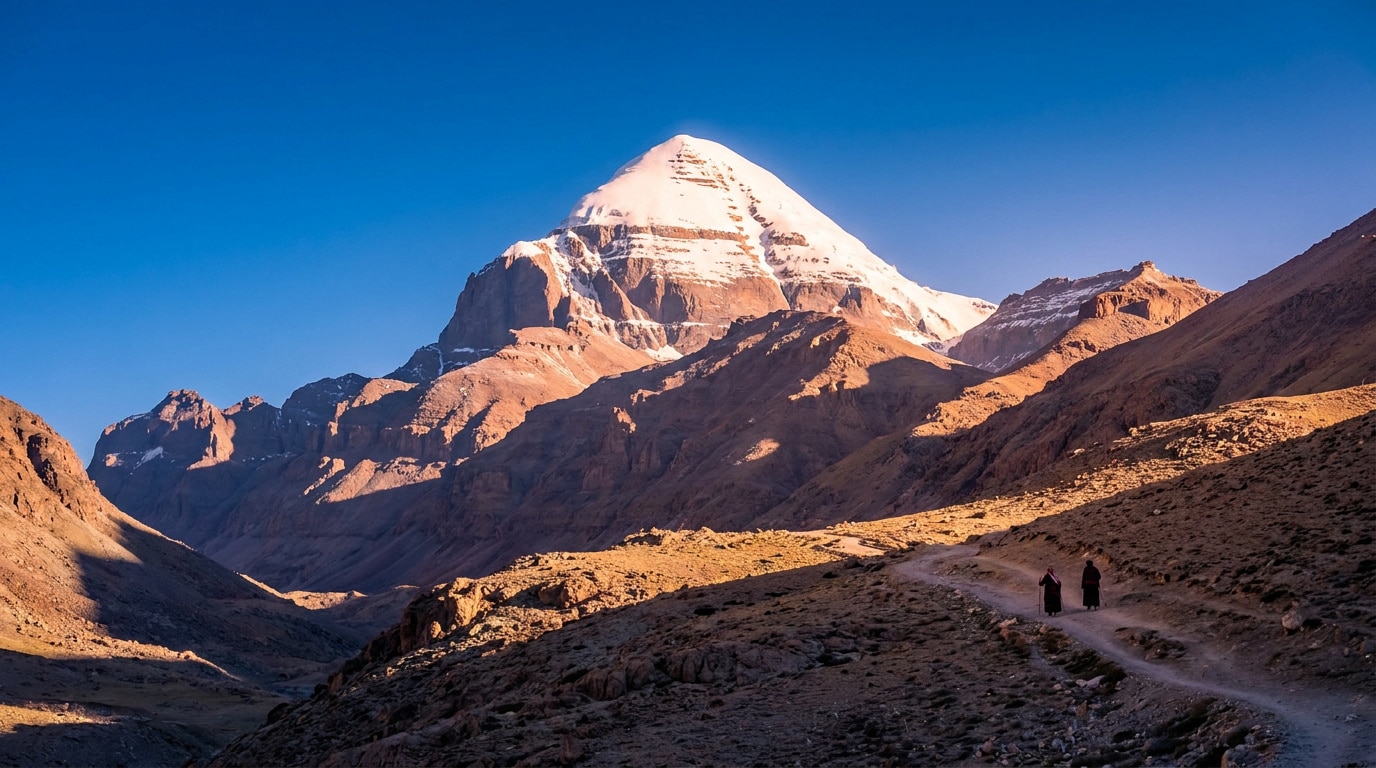 Vue du mont Kailash enneigé au Tibet avec deux pèlerins marchant sur un sentier montagneux sous un ciel bleu.