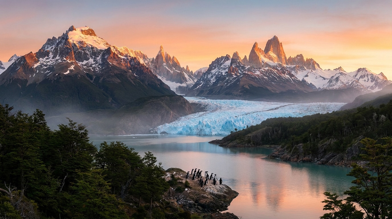 Des manchots sur un rocher face à un immense glacier entouré de montagnes enneigées sous un ciel au coucher du soleil.