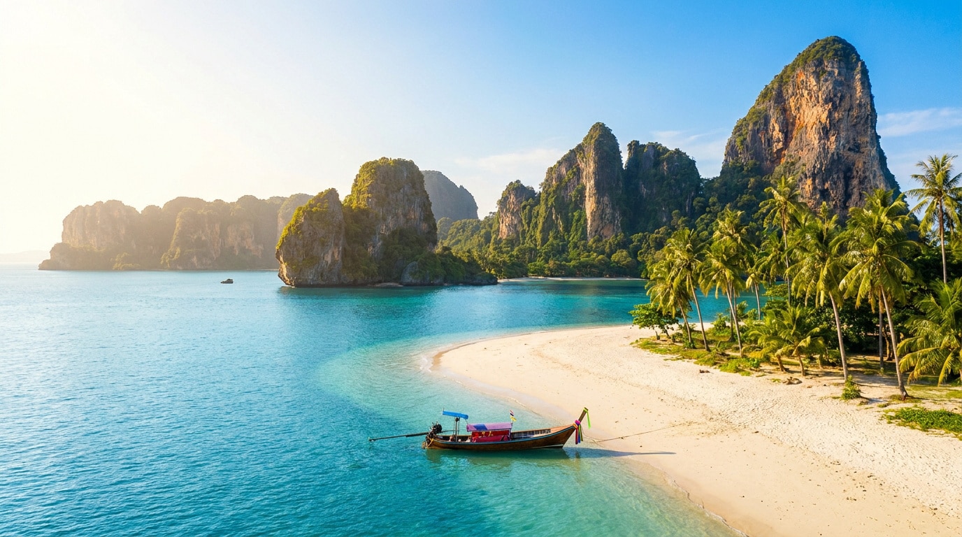 Bateau traditionnel thaïlandais sur une plage de sable blanc bordée de palmiers et de falaises karstiques en mer.