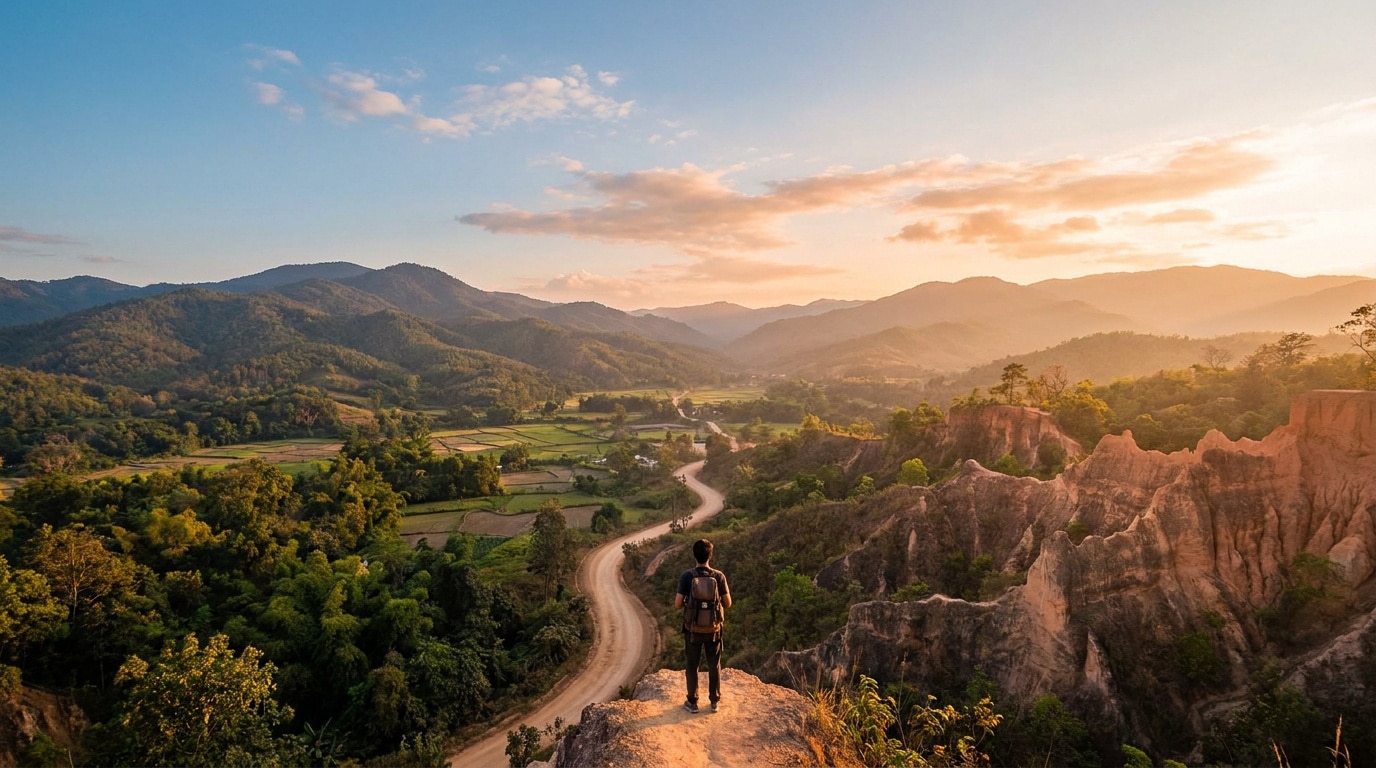 Un voyageur avec un sac à dos regarde un paysage montagneux et une route sinueuse au coucher du soleil à Pai.